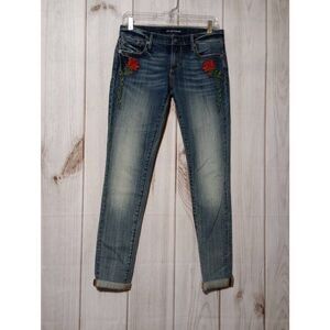 DRIFTWOOD Distressed Blue Skinny Jeans with Red Rose Embroidery